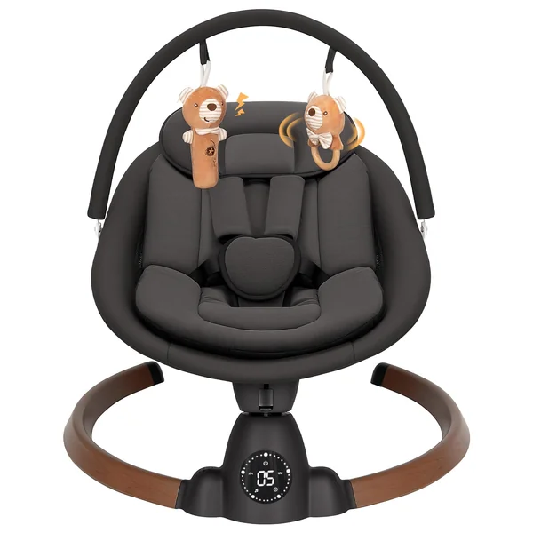 Uuoeebb Baby Bouncer, Portable Electric Baby Swing with Bluetooth, 5 Swing Speed, 10 Songs, 5-Point Harness, Remote Control & Touch Panel - Bouncer from Birth for Indoor & Outdoor Use (Dark Black)