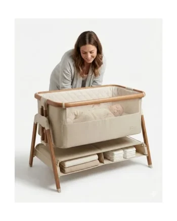 Venture Sona Next To Me Crib – Adjustable Baby Bed with Dropside, Premium Mattress, Breathable Mesh & Storage Shelf - No-Tool Assembly Bedside Baby Crib, Bassinet for Newborns 0–6 Months - Beige