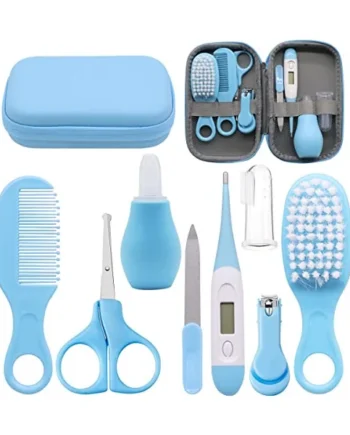 VicBou 8pcs Baby Grooming kit, Newborn Baby Care Accessories with Zipper Box, Baby Hair Nail Thermometer Care Set, Baby Healthcare Set for Newborn Infant, Toddler Girls & Boys (Blue)