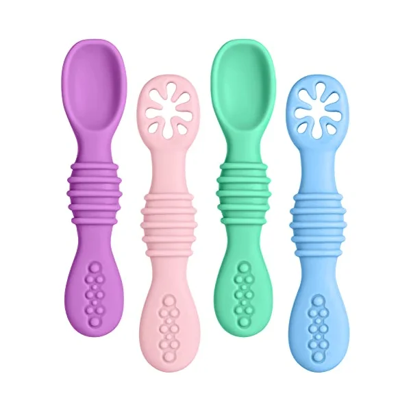Vicloon Baby Fork and Spoon, 4Pcs Silicone Baby Weaning Spoon Set Self Feeding Utensil Easy Grip Soft Baby Spoon, Toddler Cutlery Kit for Infant Toddler Children First Led Training Weaning