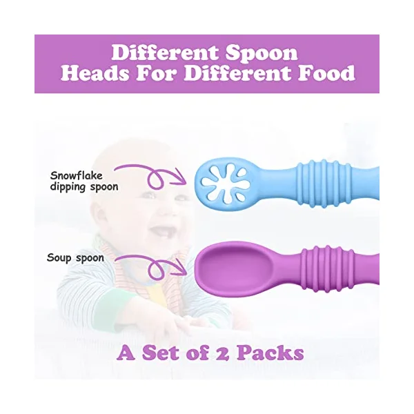 Vicloon Baby Fork and Spoon, 4Pcs Silicone Baby Weaning Spoon Set Self Feeding Utensil Easy Grip Soft Baby Spoon, Toddler Cutlery Kit for Infant Toddler Children First Led Training Weaning