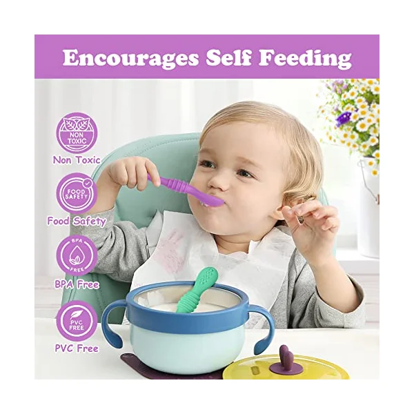 Vicloon Baby Fork and Spoon, 4Pcs Silicone Baby Weaning Spoon Set Self Feeding Utensil Easy Grip Soft Baby Spoon, Toddler Cutlery Kit for Infant Toddler Children First Led Training Weaning