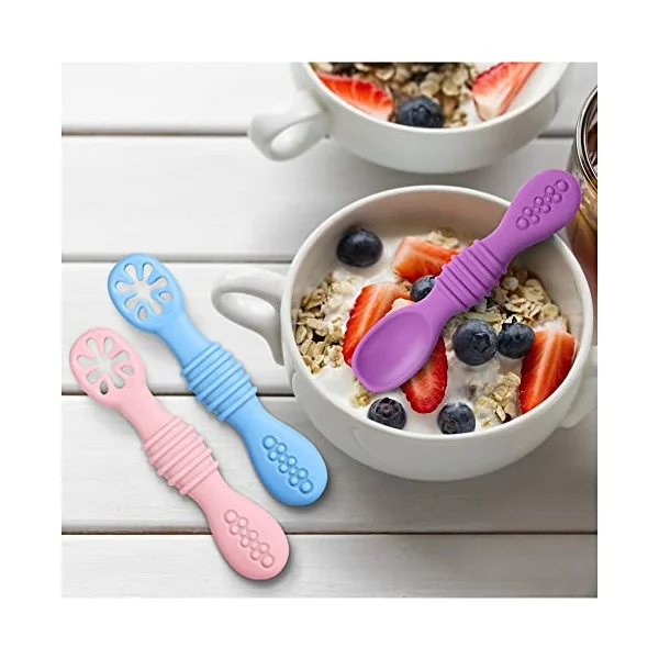 Vicloon Baby Fork and Spoon, 4Pcs Silicone Baby Weaning Spoon Set Self Feeding Utensil Easy Grip Soft Baby Spoon, Toddler Cutlery Kit for Infant Toddler Children First Led Training Weaning