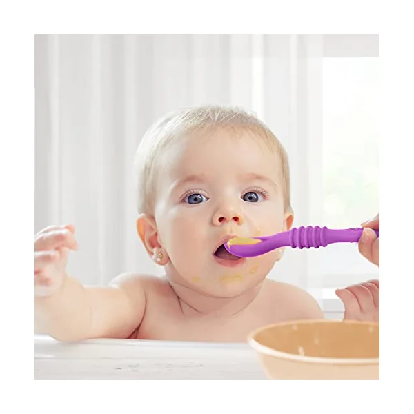 Vicloon Baby Fork and Spoon, 4Pcs Silicone Baby Weaning Spoon Set Self Feeding Utensil Easy Grip Soft Baby Spoon, Toddler Cutlery Kit for Infant Toddler Children First Led Training Weaning