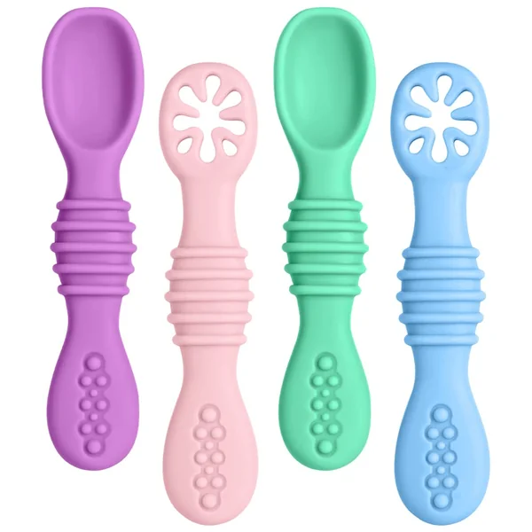 Vicloon Baby Fork and Spoon, 4Pcs Silicone Baby Weaning Spoon Set Self Feeding Utensil Easy Grip Soft Baby Spoon, Toddler Cutlery Kit for Infant Toddler Children First Led Training Weaning