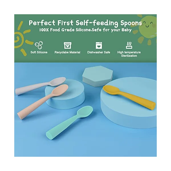 Vicloon Silicone Baby Feeding Training Spoon, 4 Pcs Baby Spoons, Self-Feeding Weaning Spoons, Training Feeding for Kids Toddlers Children and Infants