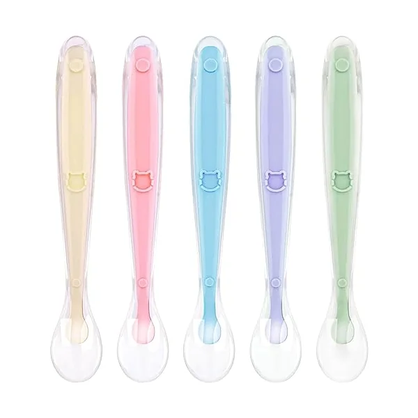 Vicloon Silicone Spoon, 5 Pcs Baby Spoons for Feeding and Infant Weaning, Baby Soft Self Feeding Training Spoons Utensil Easy Grip Toddler Cutlery Kit
