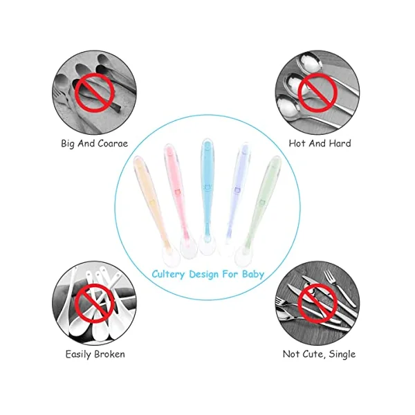 Vicloon Silicone Spoon, 5 Pcs Baby Spoons for Feeding and Infant Weaning, Baby Soft Self Feeding Training Spoons Utensil Easy Grip Toddler Cutlery Kit