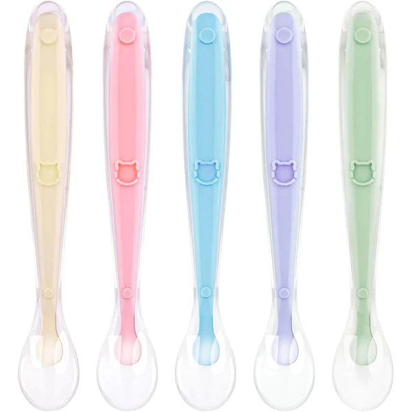 Vicloon Silicone Spoon, 5 Pcs Baby Spoons for Feeding and Infant Weaning, Baby Soft Self Feeding Training Spoons Utensil Easy Grip Toddler Cutlery Kit