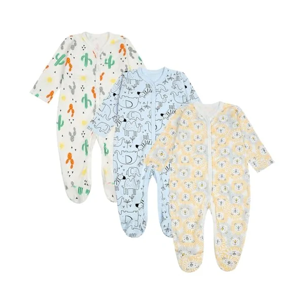 Vicloon Unisex Newborn Baby Growone-Piece, 3Pcs Snap Buttons Baby Sleepsuits, 100% Cotton Rompers Long Sleeve Boys Girls, Soft & Airy, Footless Babies Grows Sleepsuits for 0-3M/3-6M/6-9M/9-12M