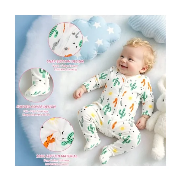 Vicloon Unisex Newborn Baby Growone-Piece, 3Pcs Snap Buttons Baby Sleepsuits, 100% Cotton Rompers Long Sleeve Boys Girls, Soft & Airy, Footless Babies Grows Sleepsuits for 0-3M/3-6M/6-9M/9-12M
