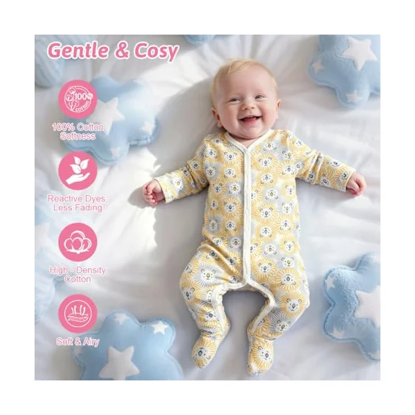 Vicloon Unisex Newborn Baby Growone-Piece, 3Pcs Snap Buttons Baby Sleepsuits, 100% Cotton Rompers Long Sleeve Boys Girls, Soft & Airy, Footless Babies Grows Sleepsuits for 0-3M/3-6M/6-9M/9-12M