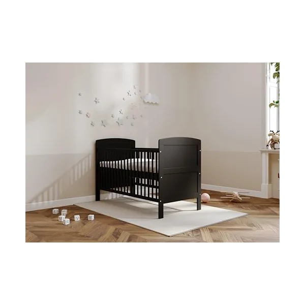Viculii REGGIE Baby Cot Bed with Mattress 140x70x10cm | 3 in 1 Large Black Cot Bed Converts to Toddler Bed Junior Bed