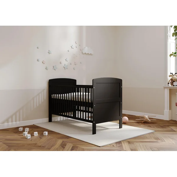 Viculii REGGIE Baby Cot Bed with Mattress 140x70x10cm | 3 in 1 Large Black Cot Bed Converts to Toddler Bed Junior Bed