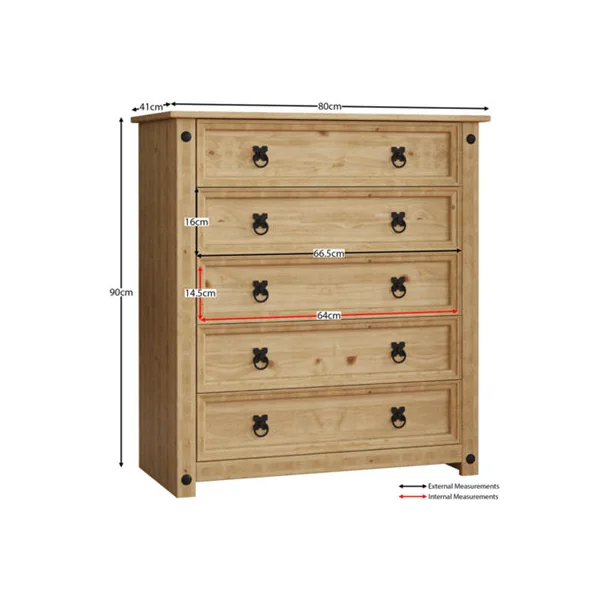 Vida Designs Corona Rustic 5 Drawer Chest Mexican Solid Waxed Pine (H)900mm (W)800mm (D)410mm