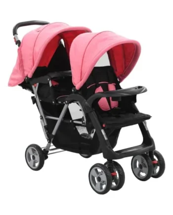 vidaXL Tandem Stroller-Multi-Child Pushchair-Pink and Black, Durable Steel Frame, Dual Canopy Sun Protection, Large Storage Basket, Easy Maneuverability