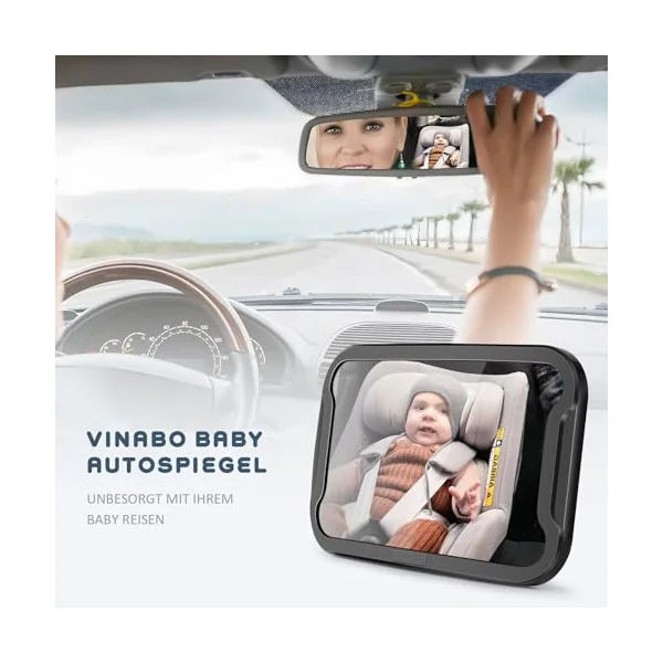 Vinabo Baby Car Mirror, Anti-dropout Baby Mirror with 360° Adjustable Rotation, Unbreakable to Fit All Rear Car Seats Essential Young Parents, 27.5 * 17.5, Black
