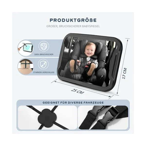Vinabo Baby Car Mirror, Anti-dropout Baby Mirror with 360° Adjustable Rotation, Unbreakable to Fit All Rear Car Seats Essential Young Parents, 27.5 * 17.5, Black