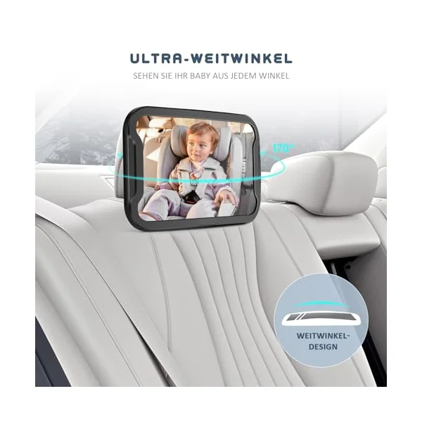 Vinabo Baby Car Mirror, Anti-dropout Baby Mirror with 360° Adjustable Rotation, Unbreakable to Fit All Rear Car Seats Essential Young Parents, 27.5 * 17.5, Black