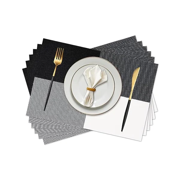 Vinyl Plastic Placemats Set of 6 Washable Heat Resistant Non-Slip Elegant Indoor Outdoor Kitchen Dining PVC Woven Table Place Mats (Black White Lattice Block)