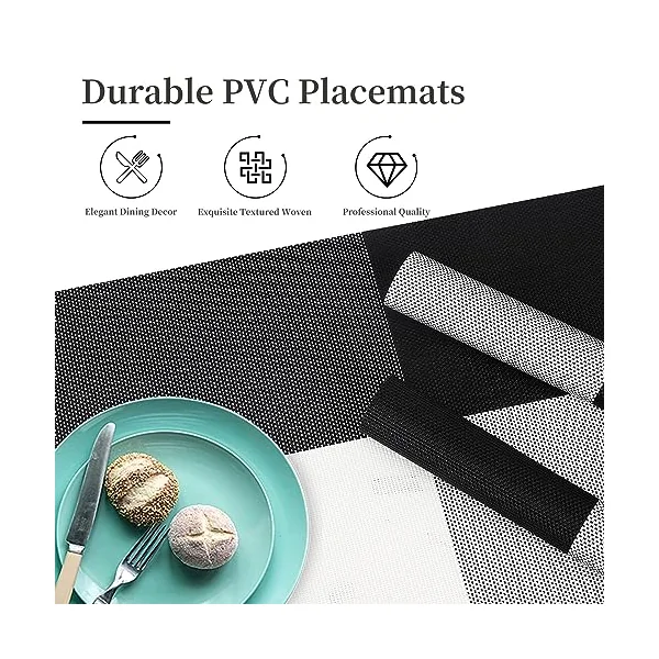 Vinyl Plastic Placemats Set of 6 Washable Heat Resistant Non-Slip Elegant Indoor Outdoor Kitchen Dining PVC Woven Table Place Mats (Black White Lattice Block)