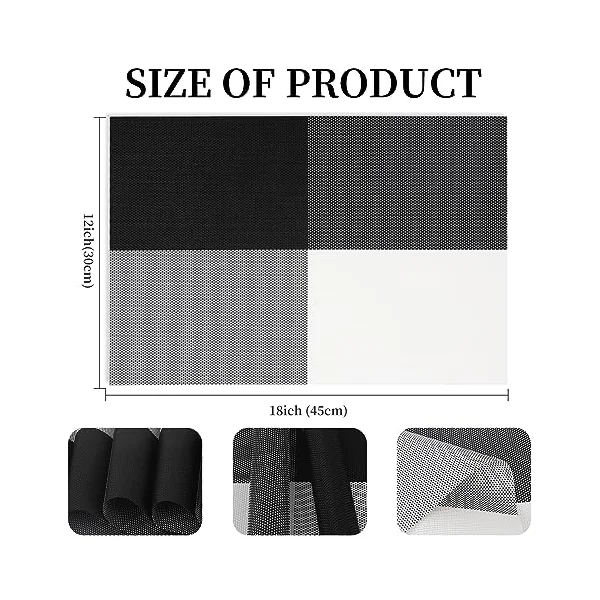 Vinyl Plastic Placemats Set of 6 Washable Heat Resistant Non-Slip Elegant Indoor Outdoor Kitchen Dining PVC Woven Table Place Mats (Black White Lattice Block)