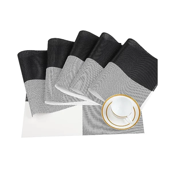 Vinyl Plastic Placemats Set of 6 Washable Heat Resistant Non-Slip Elegant Indoor Outdoor Kitchen Dining PVC Woven Table Place Mats (Black White Lattice Block)