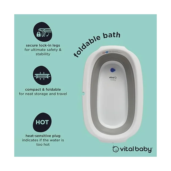 Vital Baby Foldable Baby Bath, 0m+ | Heat-Sensitive Plug, Secure Stand | Folds compactly for storage or travel, with stable locking legs, easy drainage and a plug that warns when water is hot.