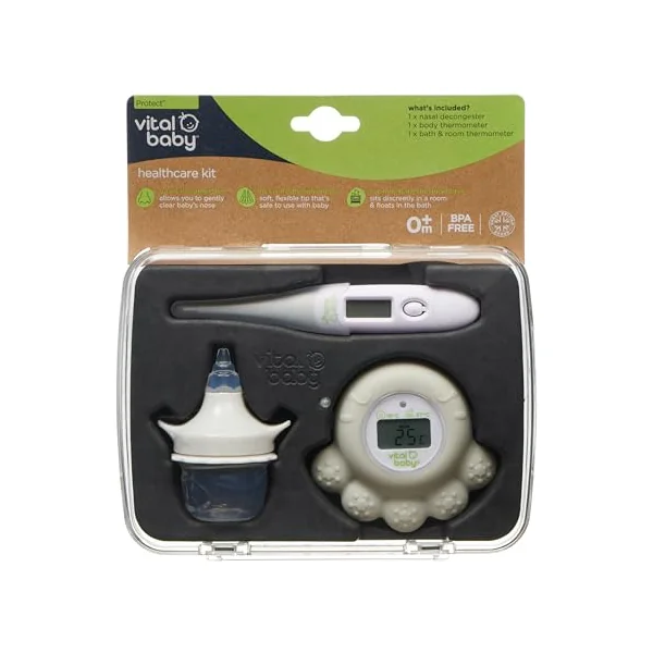 Vital Baby PROTECT Healthcare Kit for Baby - 3pcs Room and Bath Thermometer, Nasal Aspirator, Body Digital Thermometer – Essential Newborn Baby Health and Safety