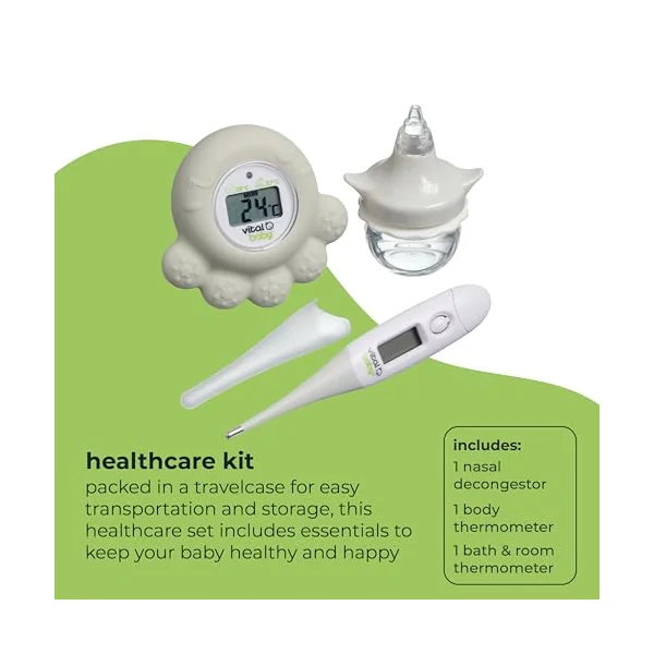 Vital Baby PROTECT Healthcare Kit for Baby - 3pcs Room and Bath Thermometer, Nasal Aspirator, Body Digital Thermometer – Essential Newborn Baby Health and Safety