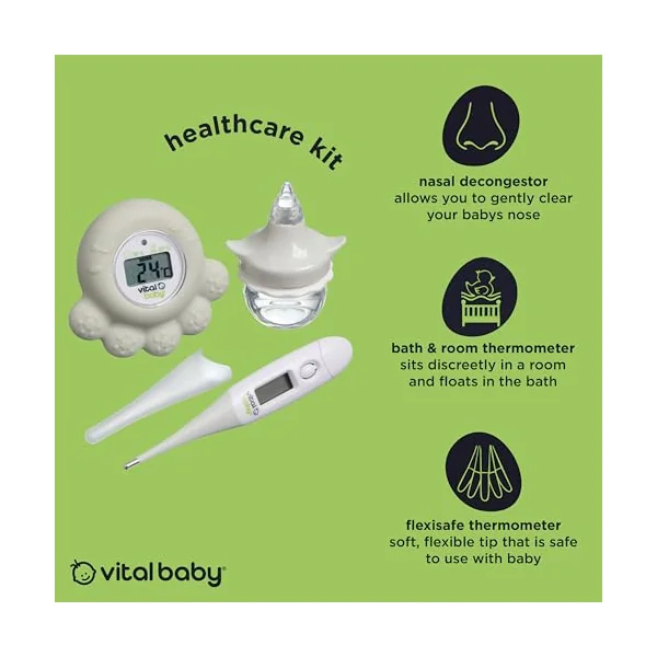 Vital Baby PROTECT Healthcare Kit for Baby - 3pcs Room and Bath Thermometer, Nasal Aspirator, Body Digital Thermometer – Essential Newborn Baby Health and Safety