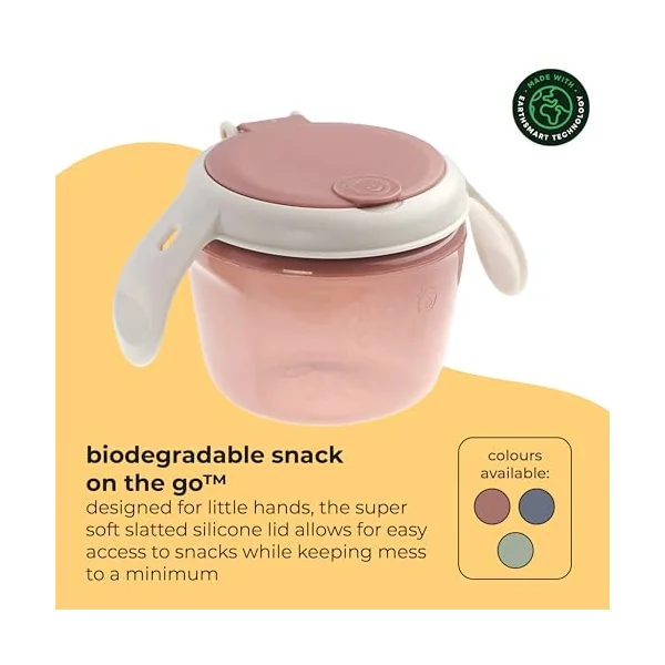 Vital Baby Toddler Snack Pot, 6m+, Pink | Dual-Lids | Biodegradable | Dual lids switch between secure storage and independent snacking, with soft silicone slats and easy-grip handles.