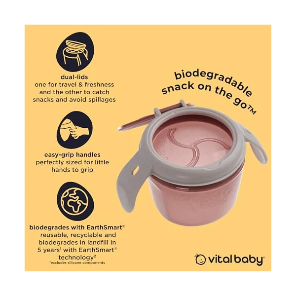 Vital Baby Toddler Snack Pot, 6m+, Pink | Dual-Lids | Biodegradable | Dual lids switch between secure storage and independent snacking, with soft silicone slats and easy-grip handles.