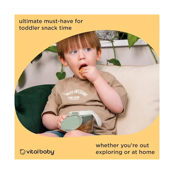 Vital Baby Toddler Snack Pot, 6m+, Pink | Dual-Lids | Biodegradable | Dual lids switch between secure storage and independent snacking, with soft silicone slats and easy-grip handles.