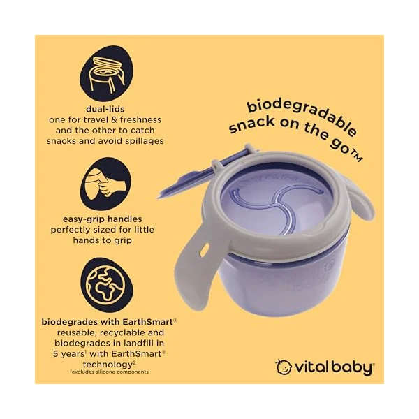 Vital Baby Toddler Snack Pot, 6m+, Purple | Dual-Lids | Biodegradable | Dual lids switch between secure storage and independent snacking, with soft silicone slats and easy-grip handles.