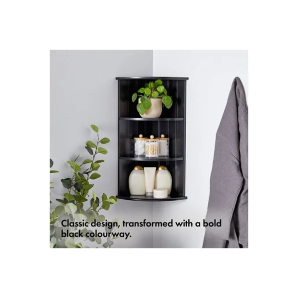 VonHaus Corner Shelf Unit, Black 3 Tier Shelving, Freestanding or Wall Mounted Display Shelves, Modern Storage for Bathroom Decor