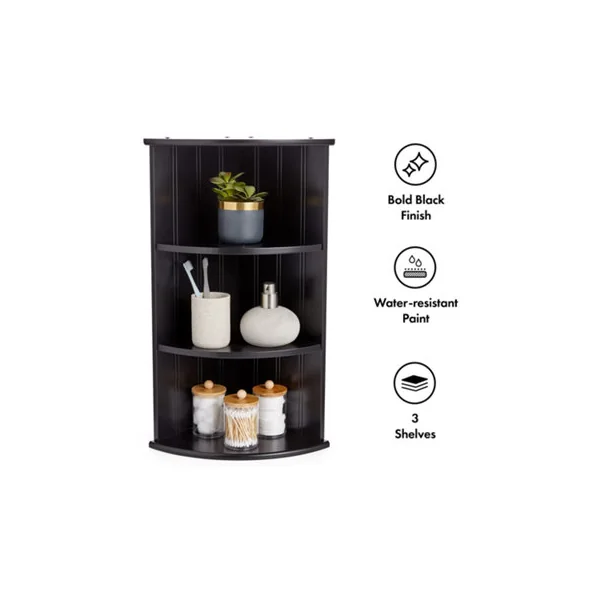 VonHaus Corner Shelf Unit, Black 3 Tier Shelving, Freestanding or Wall Mounted Display Shelves, Modern Storage for Bathroom Decor