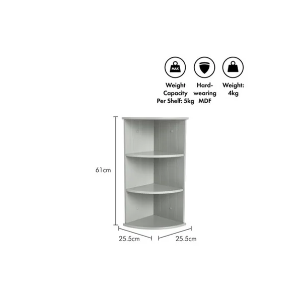 VonHaus Corner Shelf Unit, Grey 3 Tier Shelving, Freestanding or Wall Mounted Display Shelves, Modern Storage for Bathroom Decor