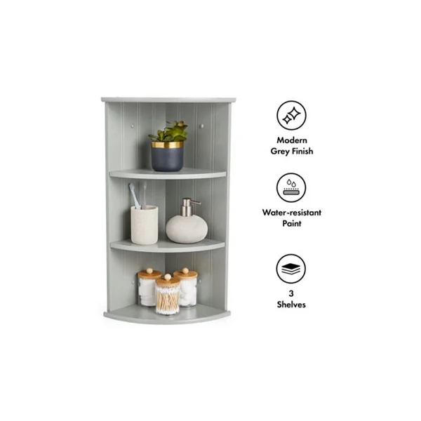 VonHaus Corner Shelf Unit, Grey 3 Tier Shelving, Freestanding or Wall Mounted Display Shelves, Modern Storage for Bathroom Decor