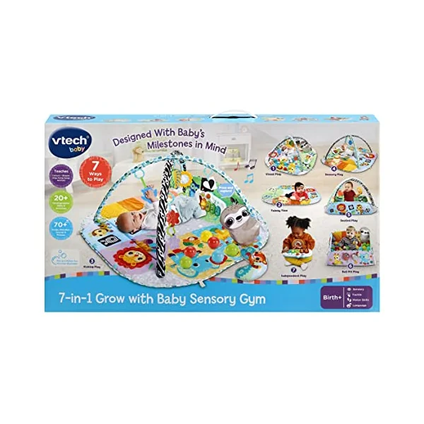 VTech Baby 7-in-1 Grow with Baby Sensory Gym, English | 7-in-1 play gym with 20+ sensory, cognitive and physical activities that grow from newborn to toddler. From birth
