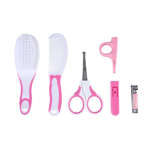 Walmeck 6 Pcs Baby Nail Care Kit with Safety Scissors Clippers Brush Comb Cover for Infant Toddler Grooming (Roseate)