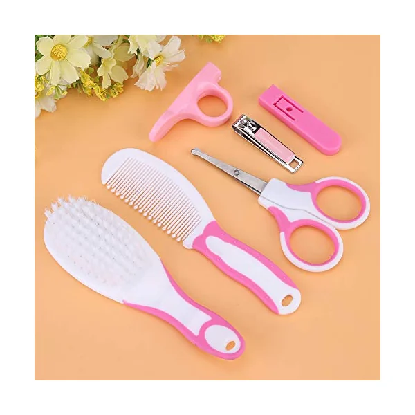 Walmeck 6 Pcs Baby Nail Care Kit with Safety Scissors Clippers Brush Comb Cover for Infant Toddler Grooming (Roseate)