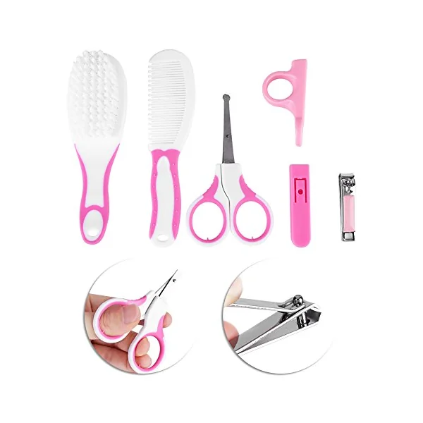 Walmeck 6 Pcs Baby Nail Care Kit with Safety Scissors Clippers Brush Comb Cover for Infant Toddler Grooming (Roseate)