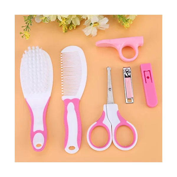 Walmeck 6 Pcs Baby Nail Care Kit with Safety Scissors Clippers Brush Comb Cover for Infant Toddler Grooming (Roseate)