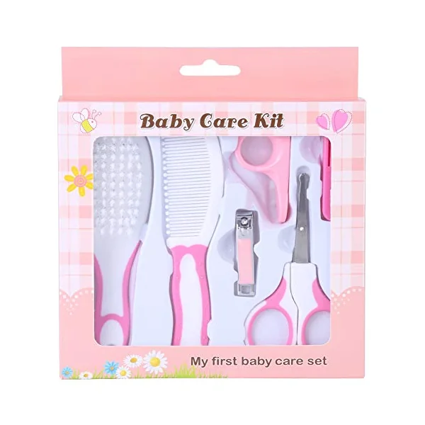 Walmeck 6 Pcs Baby Nail Care Kit with Safety Scissors Clippers Brush Comb Cover for Infant Toddler Grooming (Roseate)