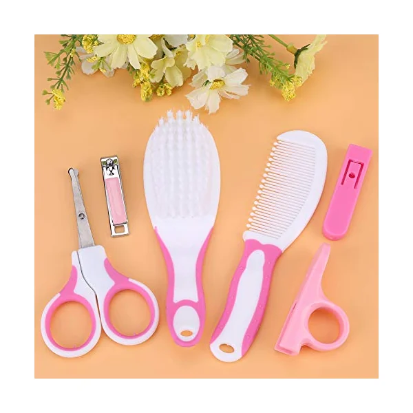 Walmeck 6 Pcs Baby Nail Care Kit with Safety Scissors Clippers Brush Comb Cover for Infant Toddler Grooming (Roseate)