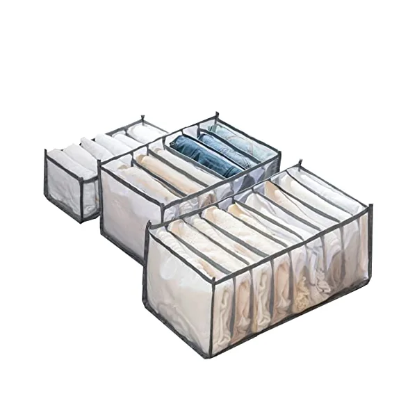 Wardrobe Clothes Organiser 3 Pack Storage Boxes Drawer Organizer Foldable Transparent Drawer Insert Wardrobe Organiser for Trousers Jeans Clothing Underwear Baby Clothes Bra Socks Ties, Grey