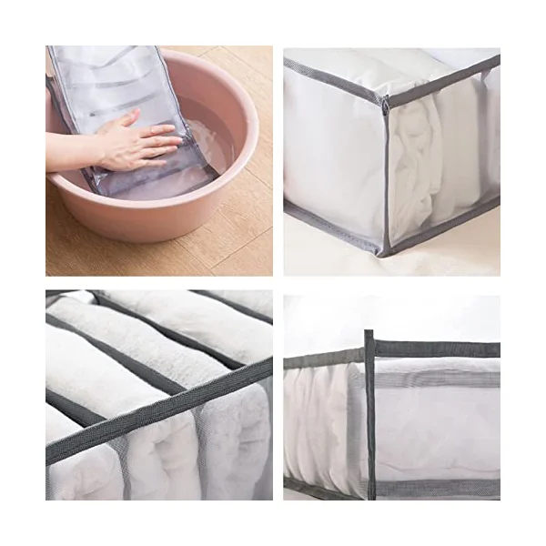 Wardrobe Clothes Organiser 3 Pack Storage Boxes Drawer Organizer Foldable Transparent Drawer Insert Wardrobe Organiser for Trousers Jeans Clothing Underwear Baby Clothes Bra Socks Ties, Grey
