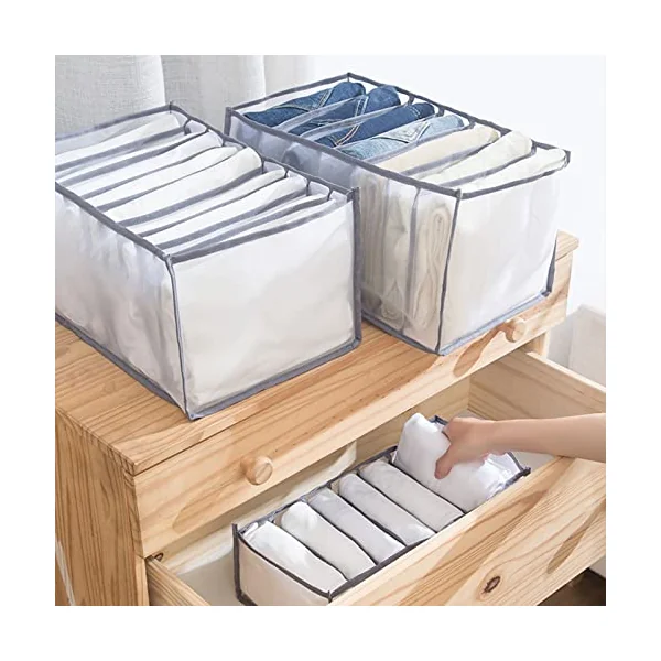 Wardrobe Clothes Organiser (3 Pack) Trouser Storage Organizer Clothes Drawer Box Foldable Drawer Divider for Wardrobe for Trousers Jeans Clothing Underwear Baby Clothes Bra Socks Ties, Grey