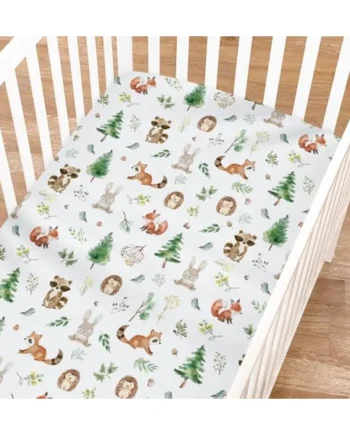 Watercolor Woodland Animals Baby Crib Sheet for Boy Girl 52"x28" Raccoon Hedgehog Squirrel Fox Bunny Bird Forest Soft Breathable Stretchy Baby Bed Sheets for Standard Crib and Toddler Mattress